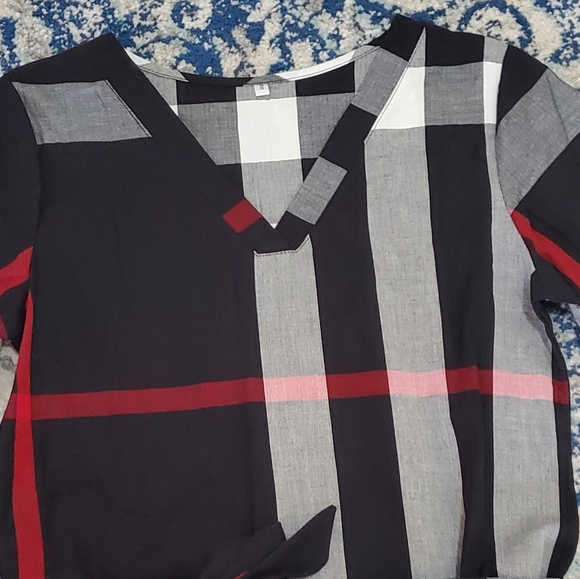 Plaid Belted Shirt Dress Black White Gray & Red - Picture 7 of 8